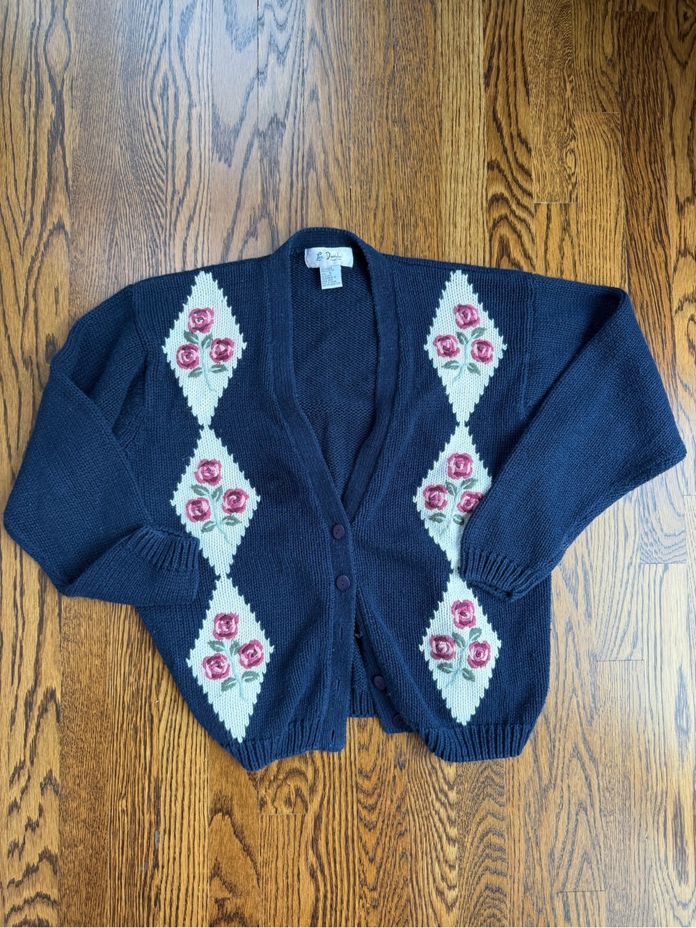 Navy Floral Knit Chunky Cozy Diamond-Panel Cotton Warm Grandma Cardigan Sweater